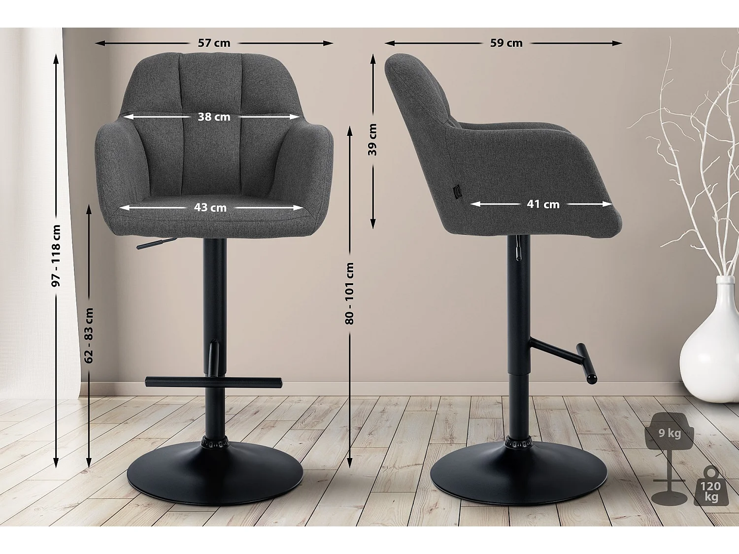 Tabouret de bar - Tissu - Gris foncé - Natoma