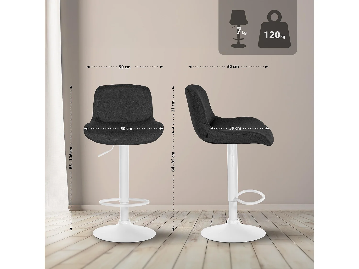 Tabouret de bar - Tissu - Noir - Solon