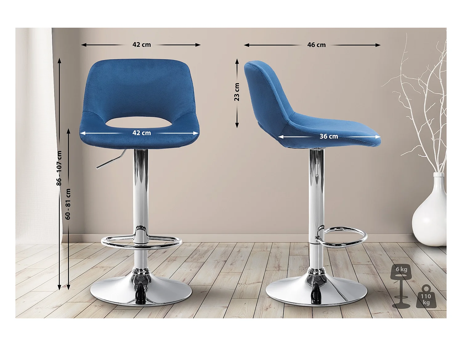 Lot de 2  Tabouret de bar - Velours - Bleu - Camden