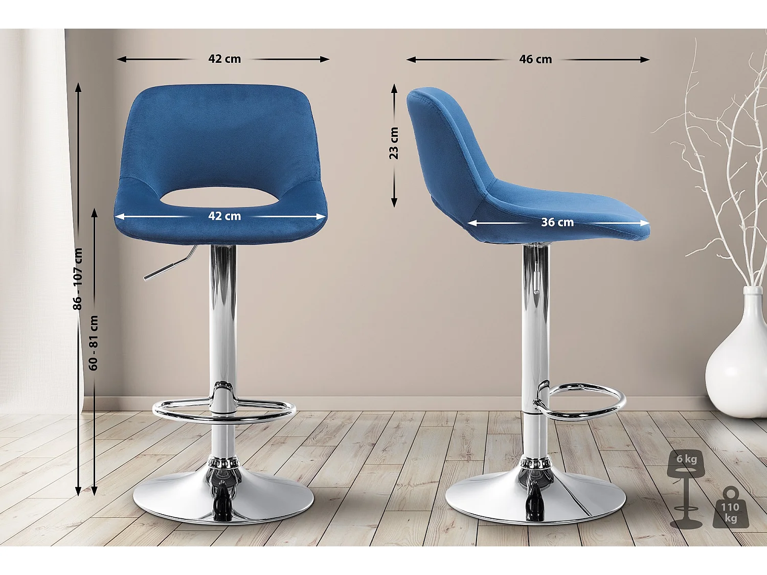Lot de 2  Tabouret de bar - Velours - Bleu - Camden