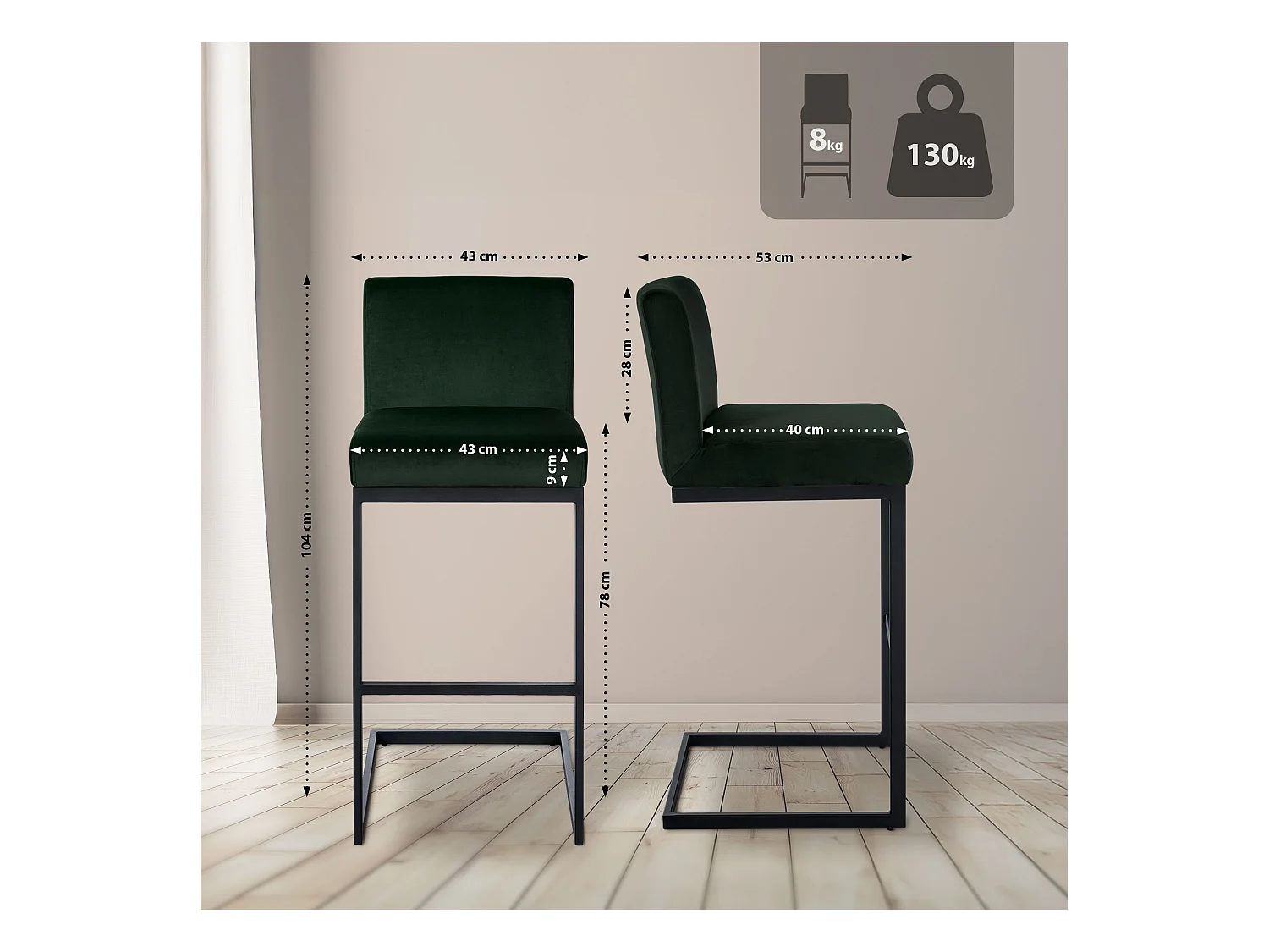 Tabouret de bar - Velours - Vert - Hopewell