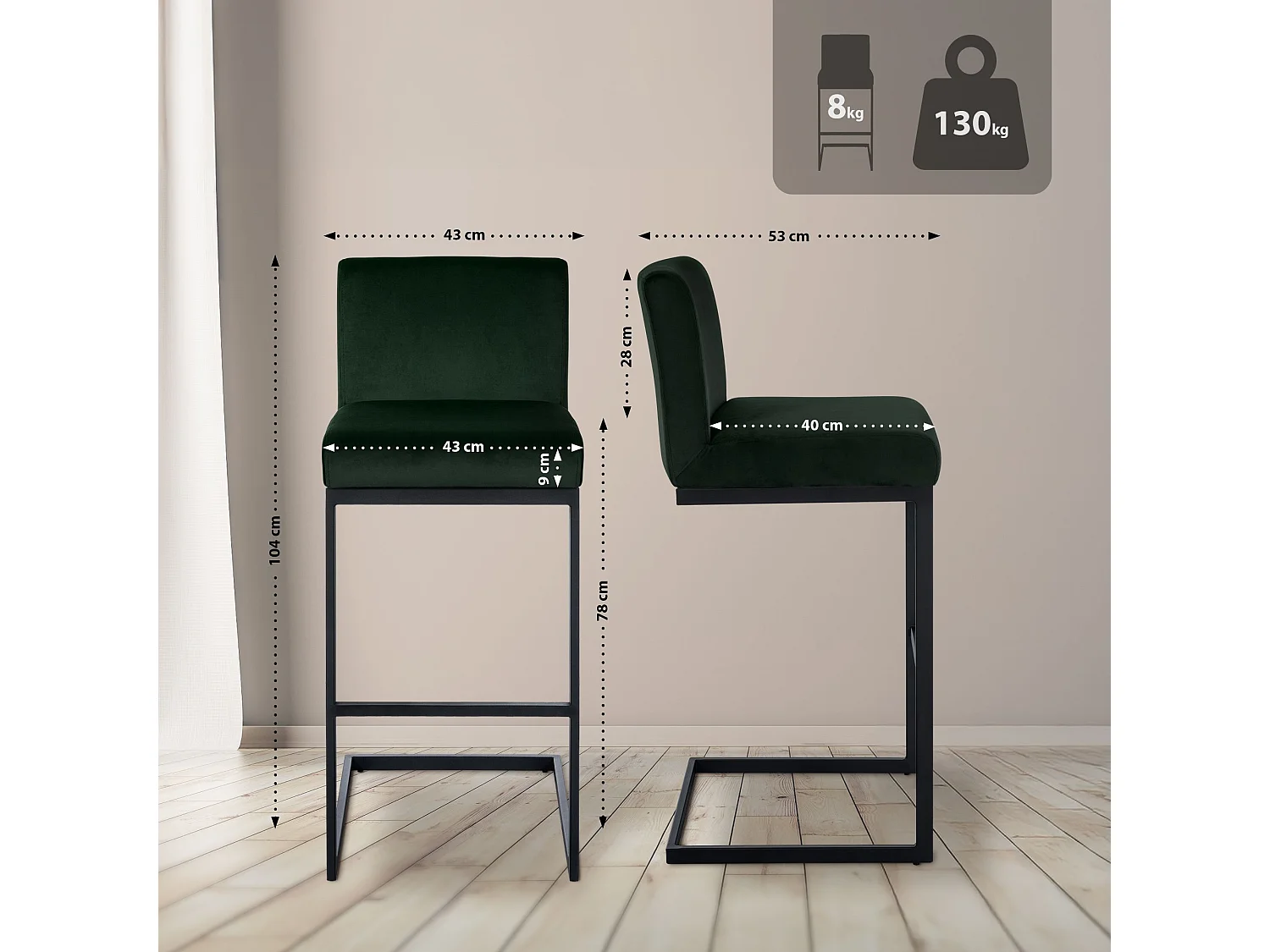 Tabouret de bar - Velours - Vert - Hopewell