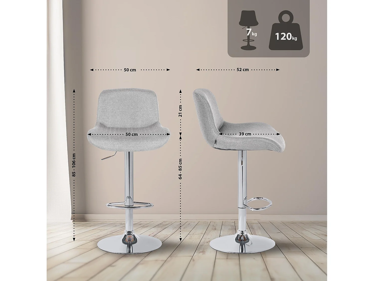 Tabouret de bar - Tissu - Gris clair - Solon