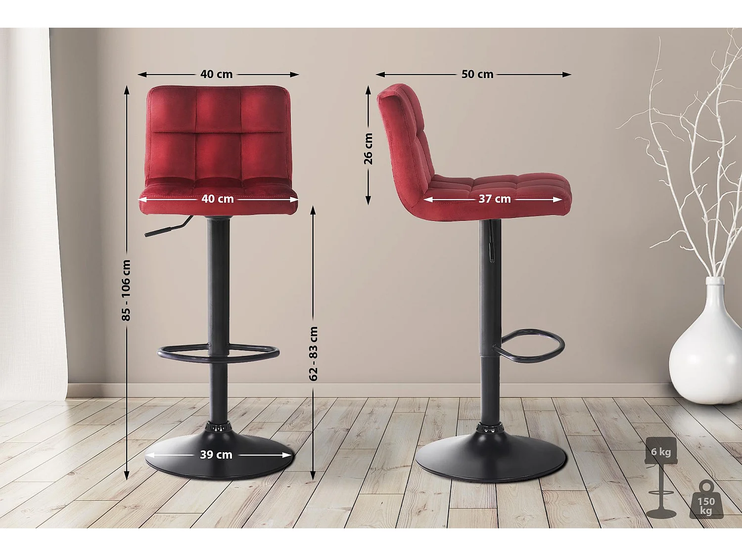Lot de 4  Tabouret de bar - Velours - Rouge - Feni