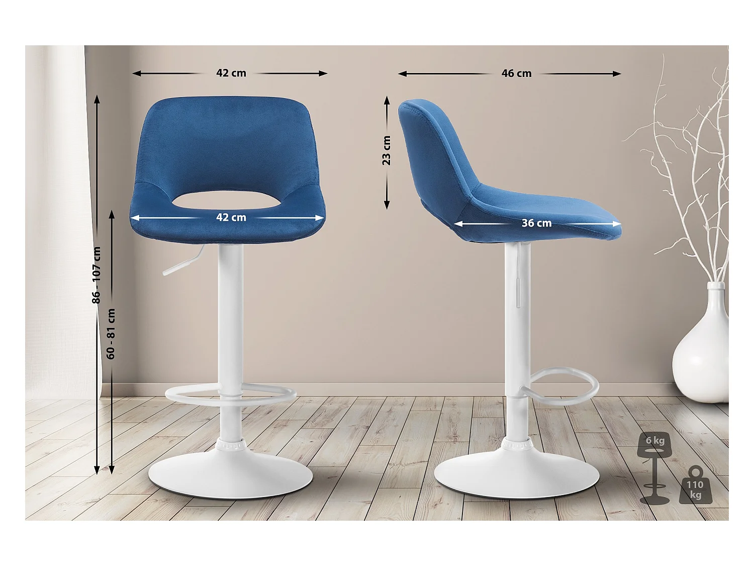 Lot de 2  Tabouret de bar - Velours - Bleu - Camden