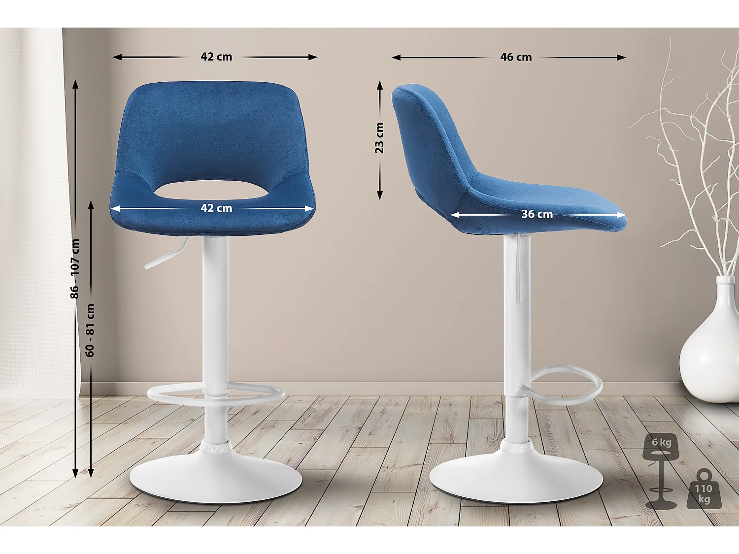 Lot de 2  Tabouret de bar - Velours - Bleu - Camden