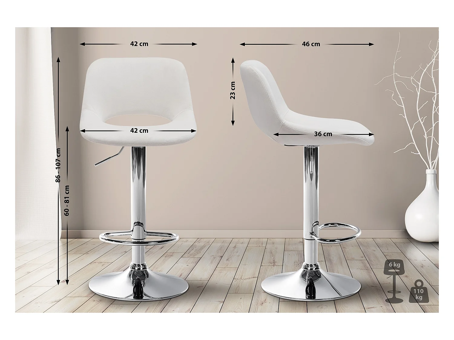 Lot de 2  Tabouret de bar - Velours - Crème - Camden