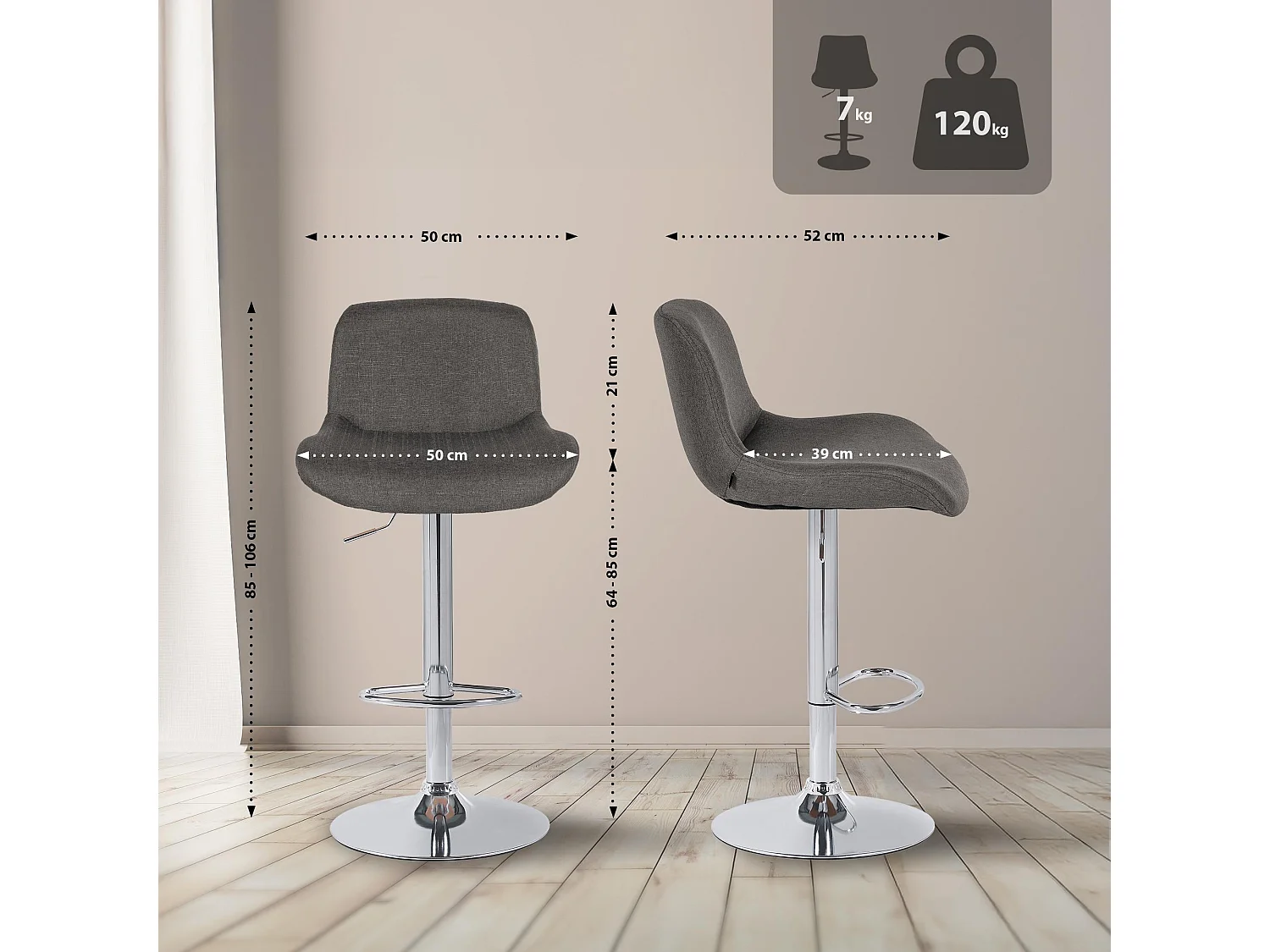 Tabouret de bar - Tissu - Gris foncé - Solon