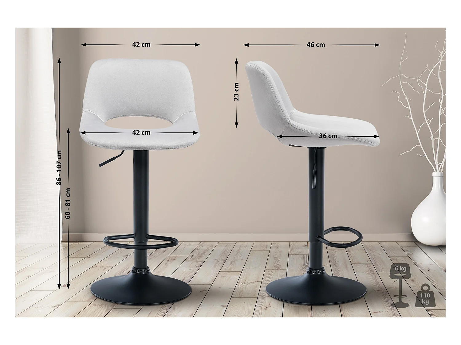 Lot de 2  Tabouret de bar - Velours - Gris clair - Camden