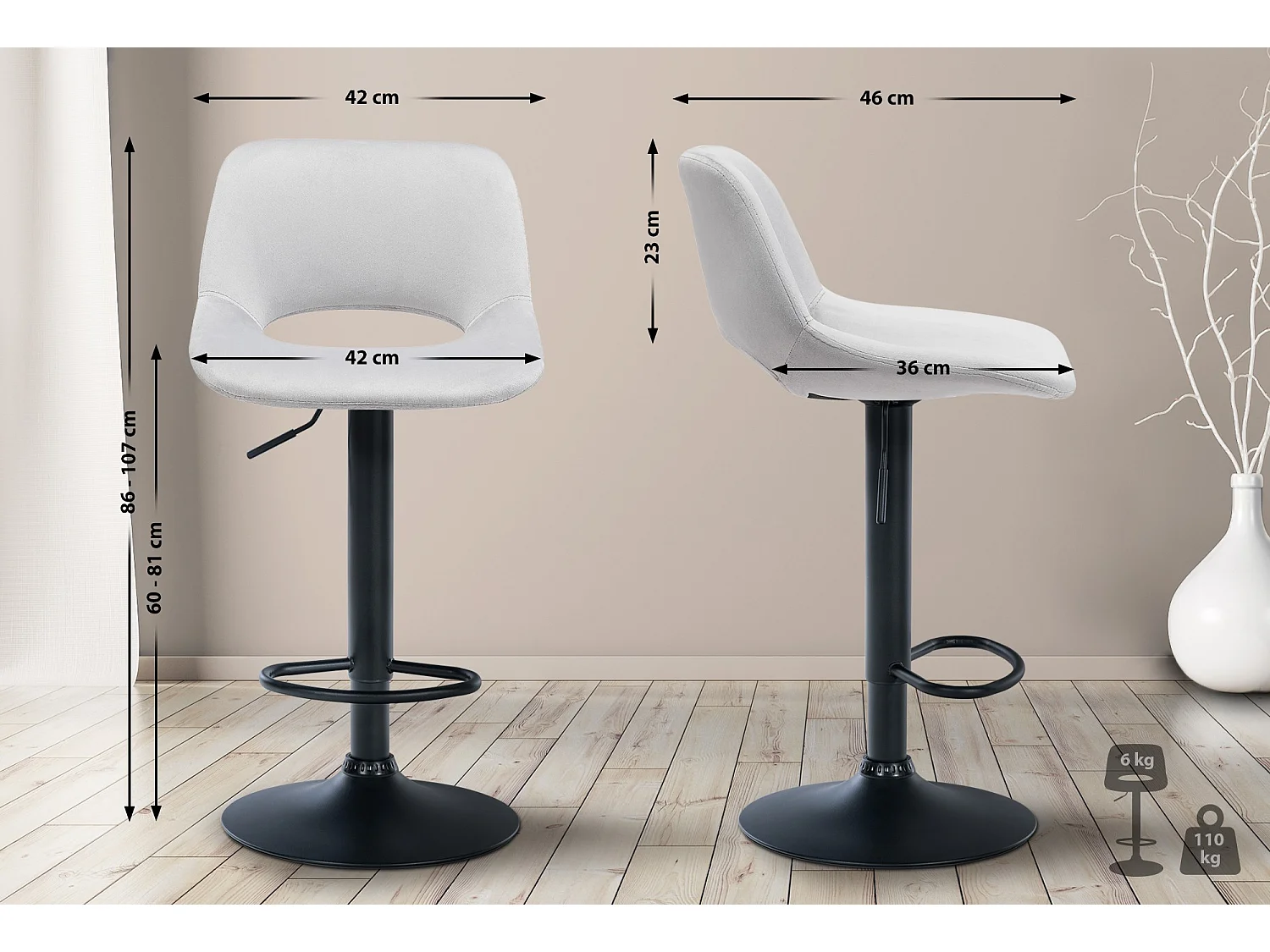Lot de 2  Tabouret de bar - Velours - Gris clair - Camden