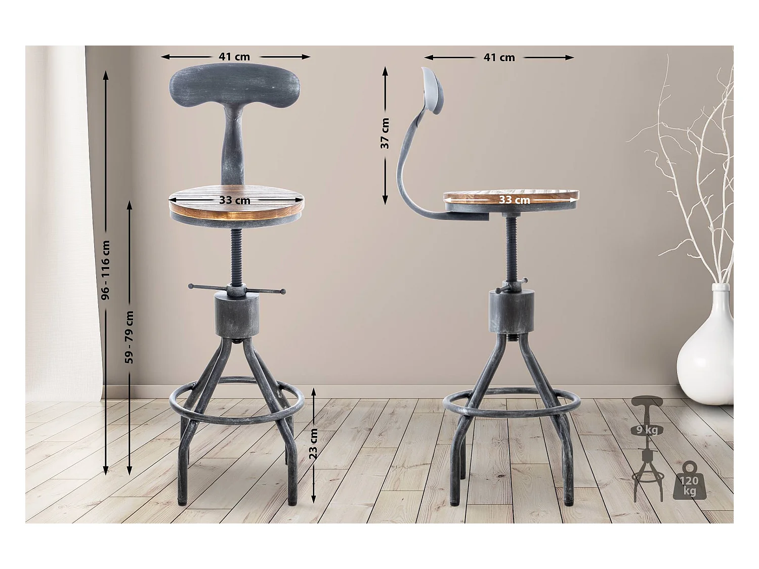 Lot de 2  Tabouret de bar - Bois - Argent antique - Hanam