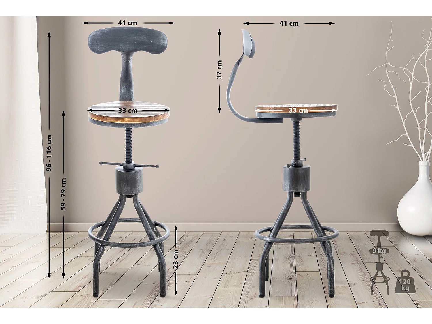 Lot de 2  Tabouret de bar - Bois - Argent antique - Hanam