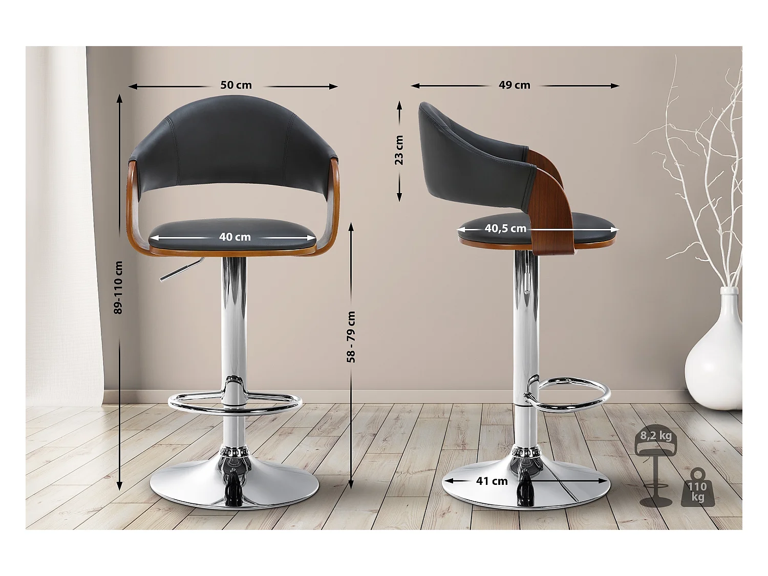 Lot de 2  Tabouret de bar - Similicuir - Noyer / Noir - Nilse