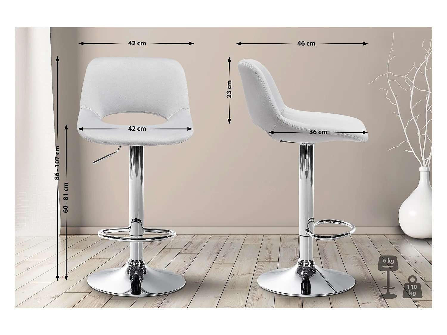 Lot de 2  Tabouret de bar - Velours - Gris clair - Camden