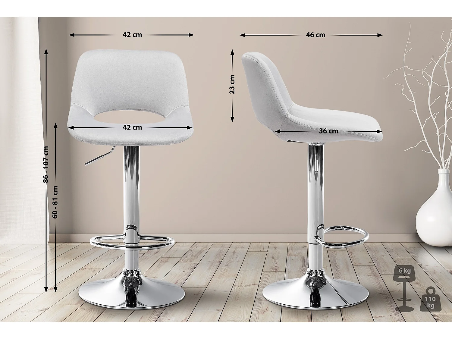 Lot de 2  Tabouret de bar - Velours - Gris clair - Camden