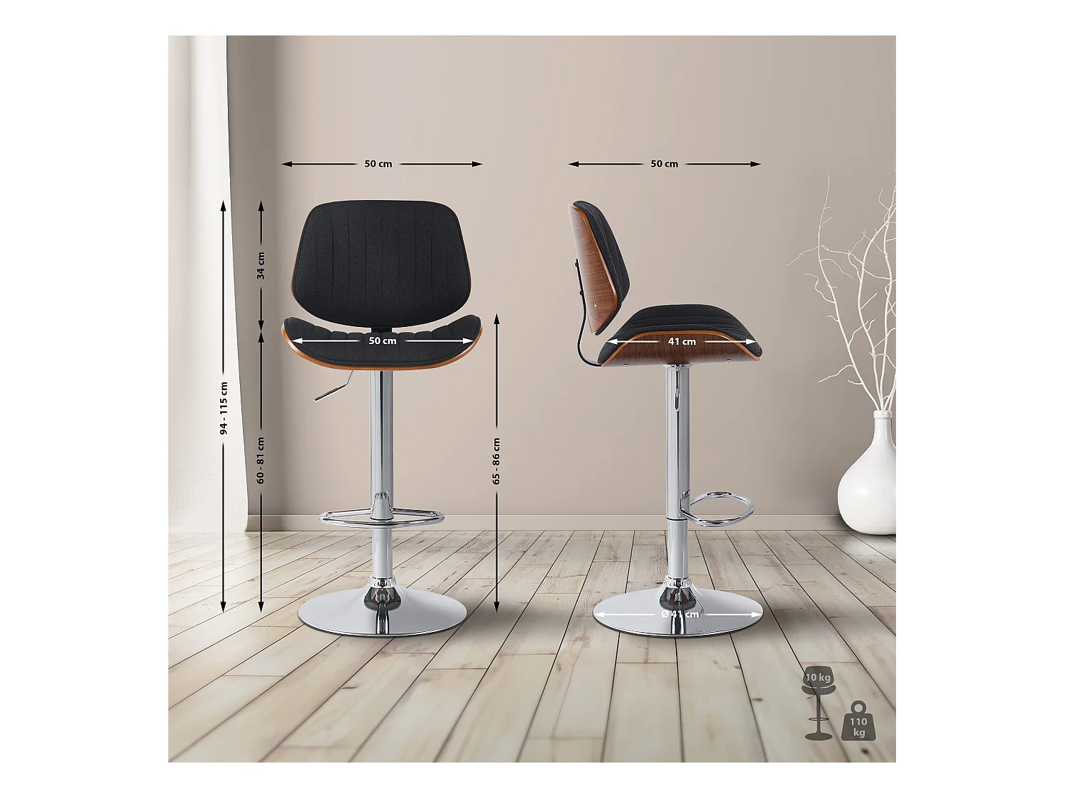 Tabouret de bar - Tissu & Chrome - Noyer / Noir - Clawson