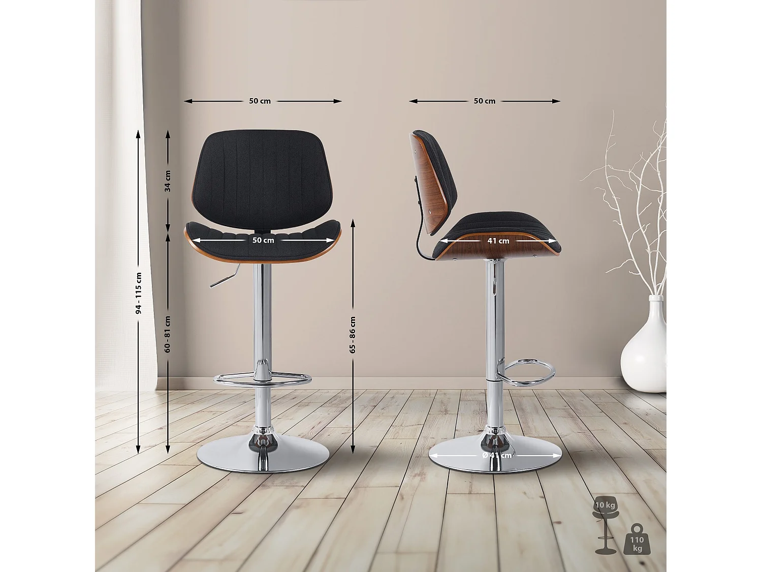 Tabouret de bar - Tissu & Chrome - Noyer / Noir - Clawson