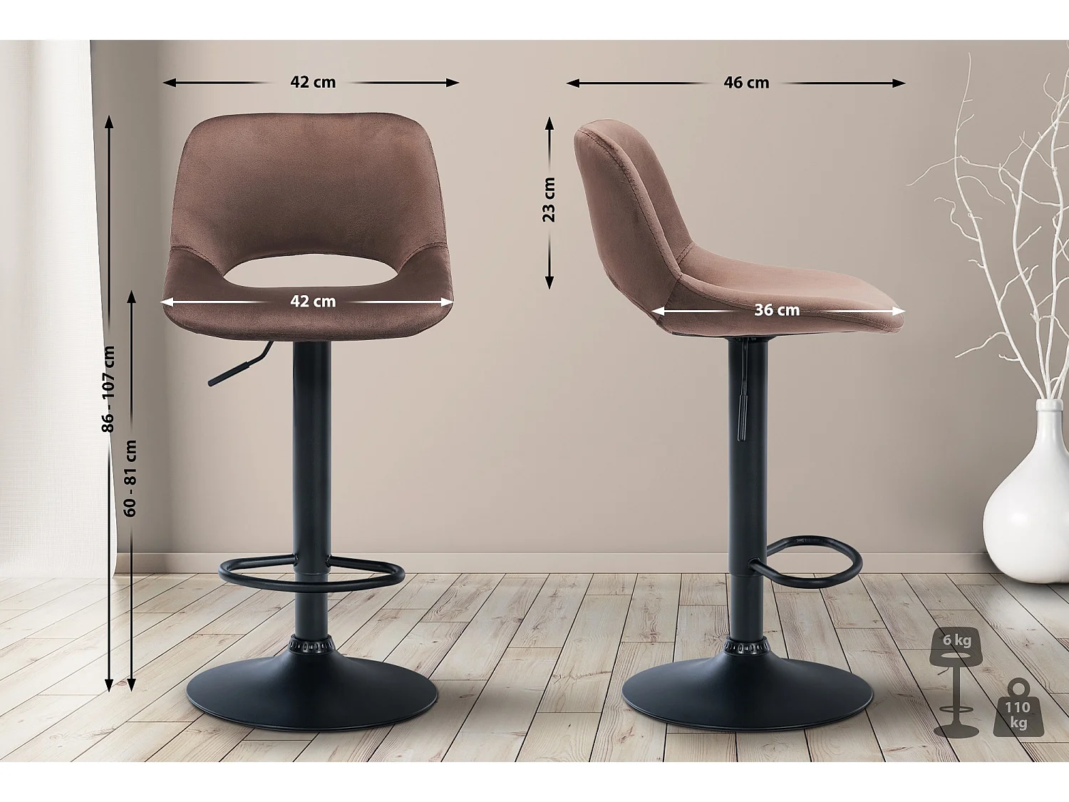 Lot de 2  Tabouret de bar - Velours - Marron - Camden