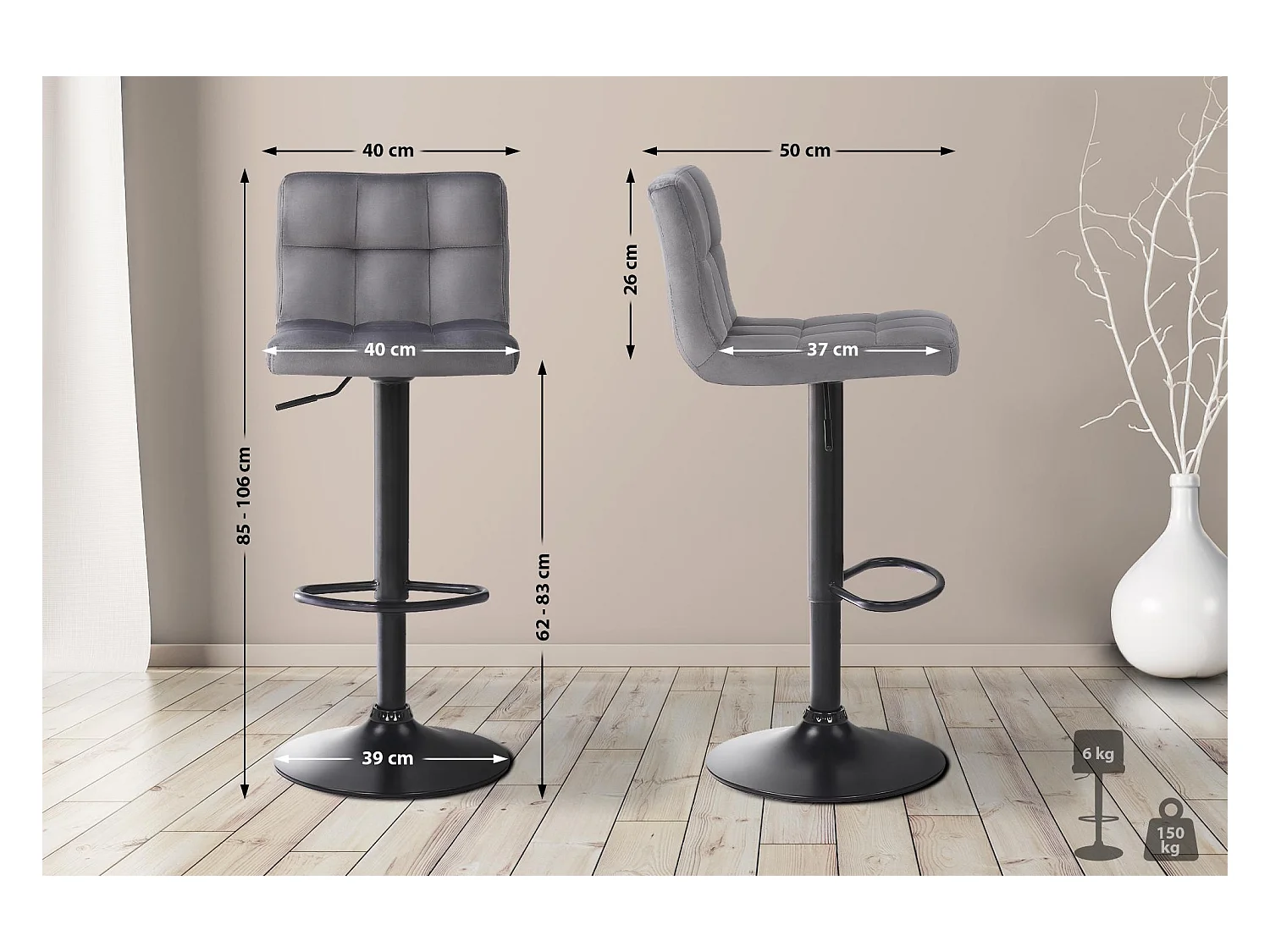 Lot de 4  Tabouret de bar - Velours - Gris - Feni