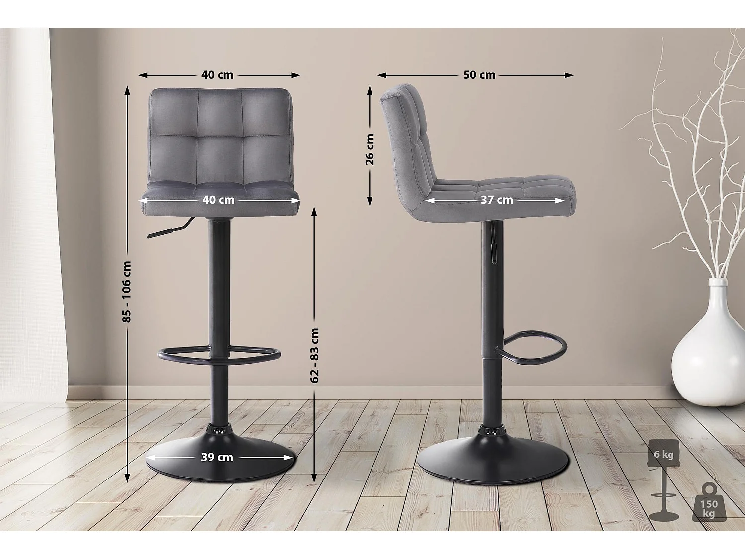 Lot de 4  Tabouret de bar - Velours - Gris - Feni