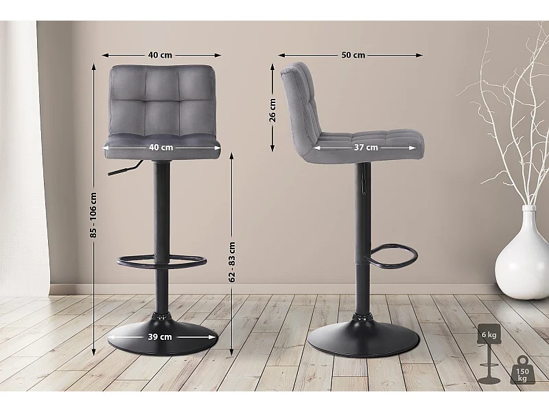 Lot de 4  Tabouret de bar - Velours - Gris - Feni