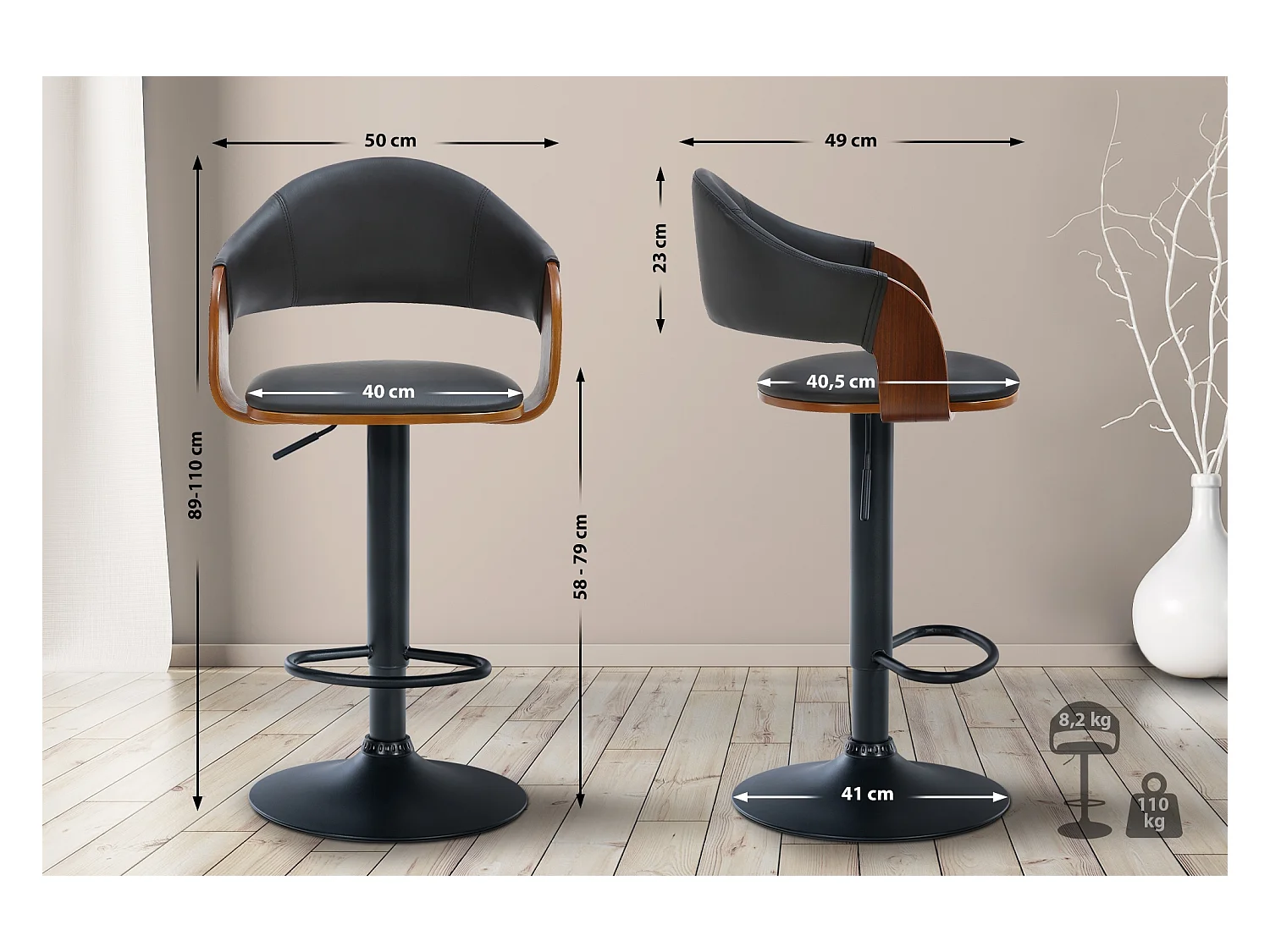 Lot de 2  Tabouret de bar - Similicuir - Noyer / Noir - Nilse