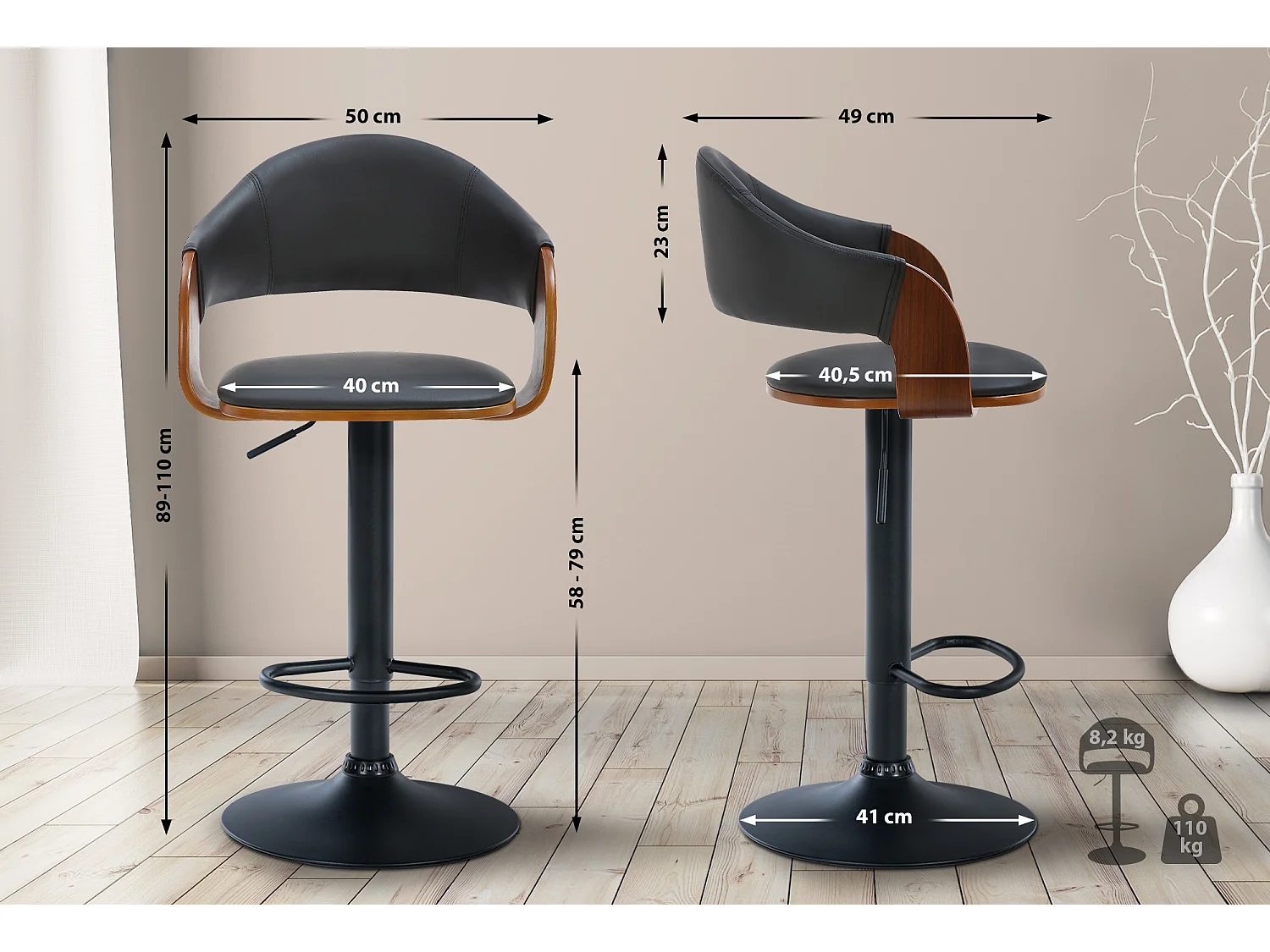 Lot de 2  Tabouret de bar - Similicuir - Noyer / Noir - Nilse