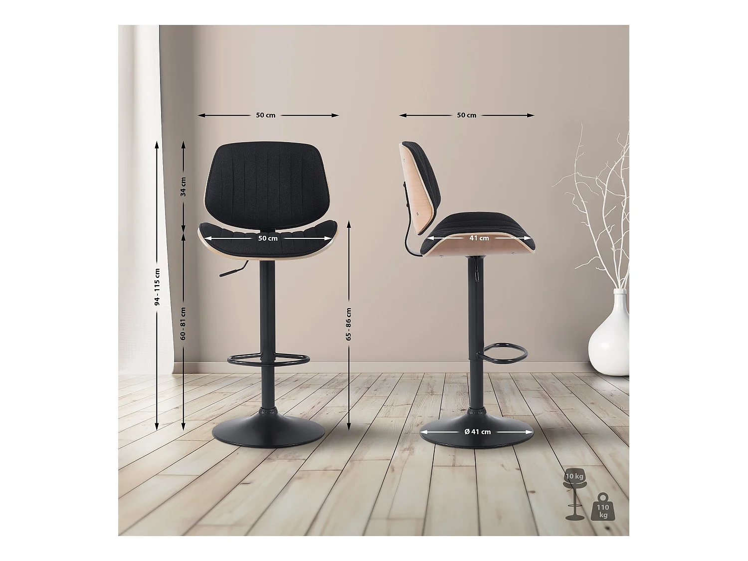 Tabouret de bar - Tissu & Noir - Nature / Noir - Clawson