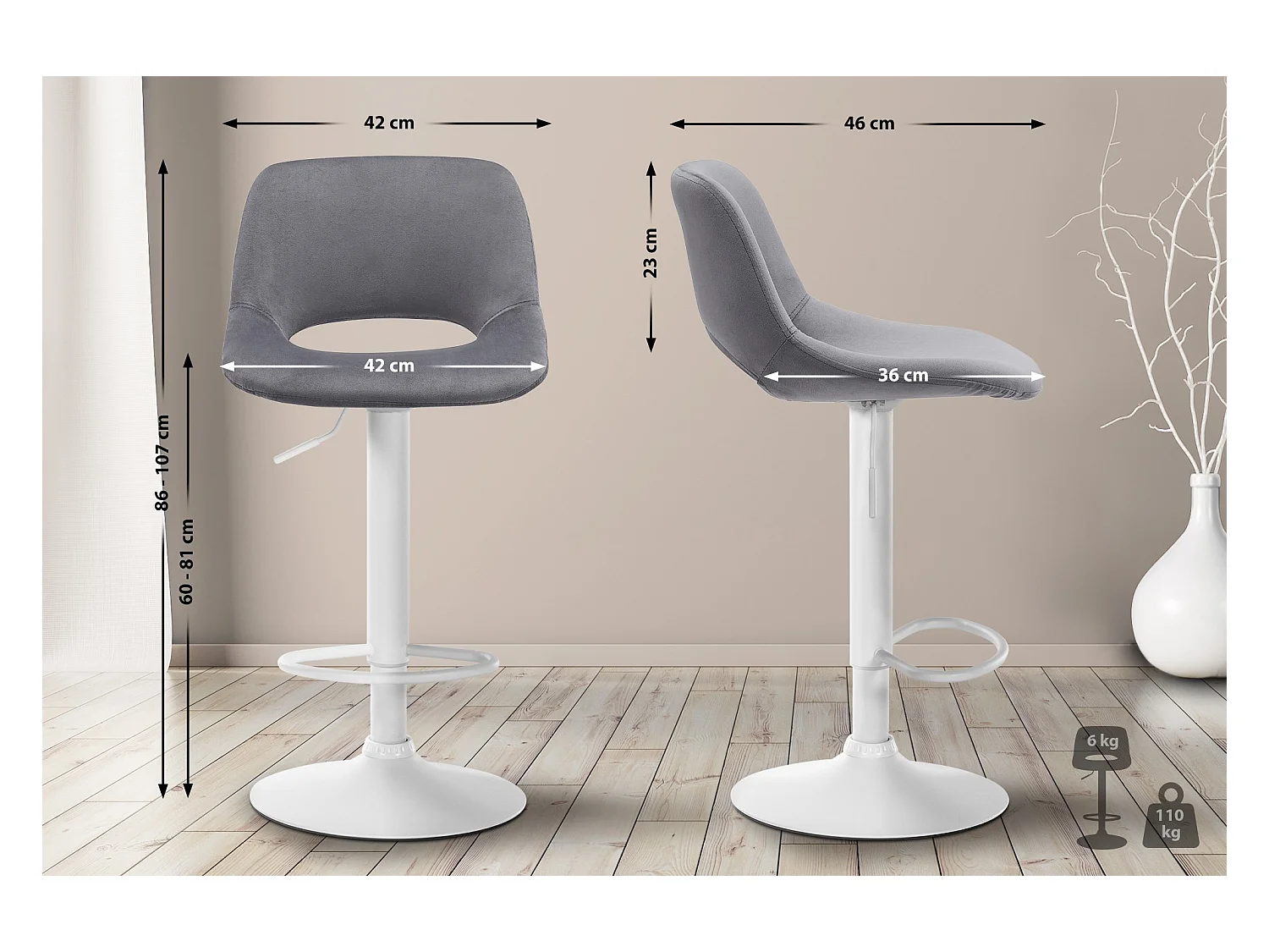 Lot de 2  Tabouret de bar - Velours - Gris foncé - Camden