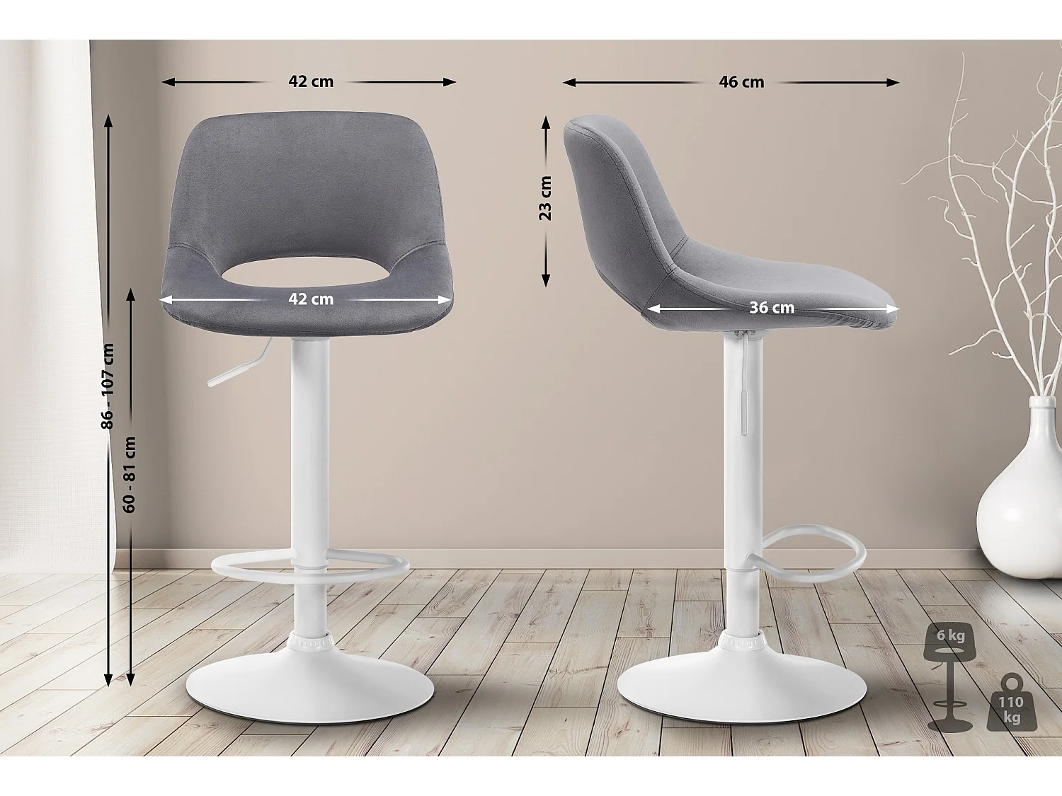 Lot de 2  Tabouret de bar - Velours - Gris foncé - Camden