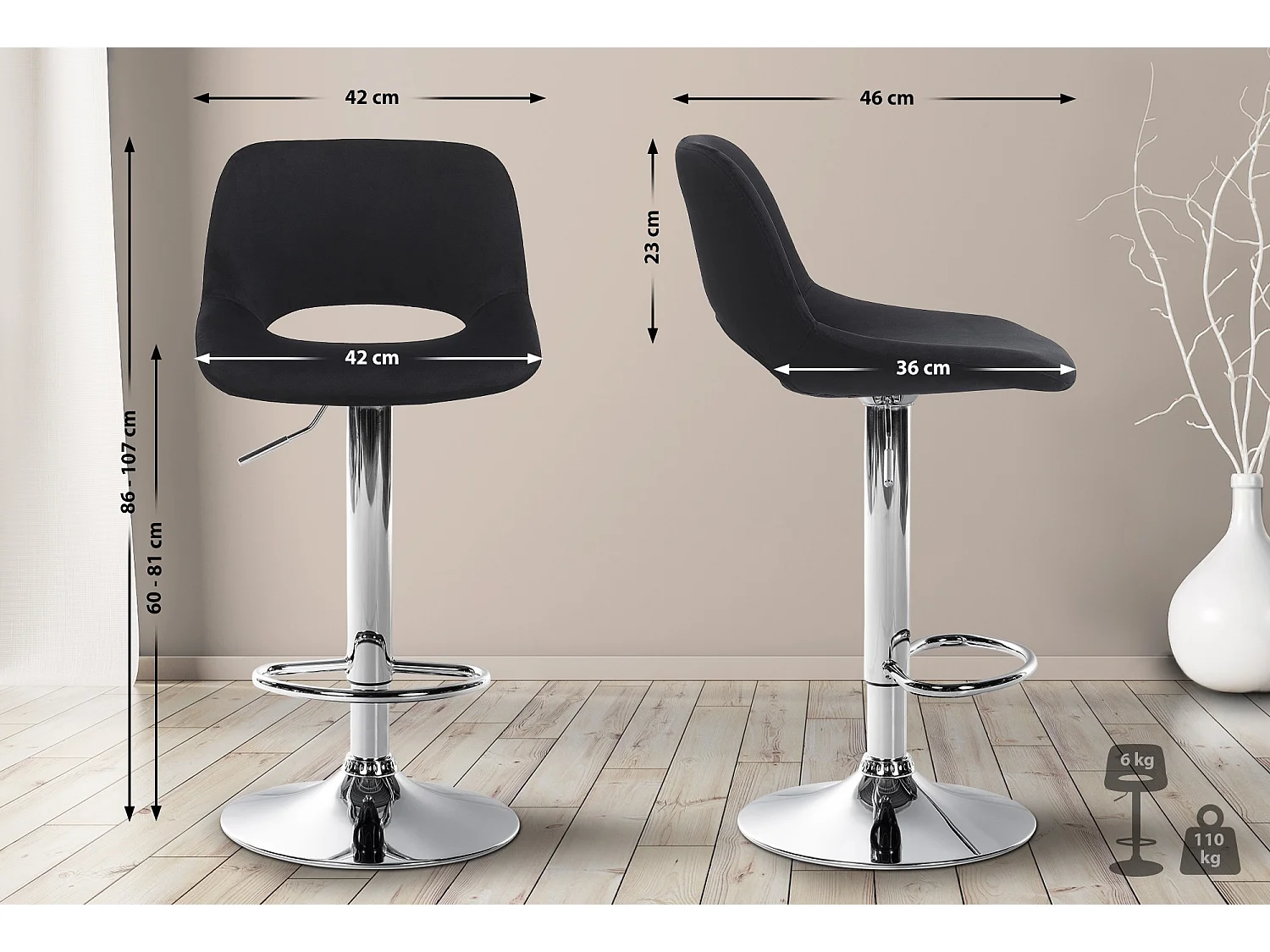 Lot de 2  Tabouret de bar - Velours - Noir - Camden