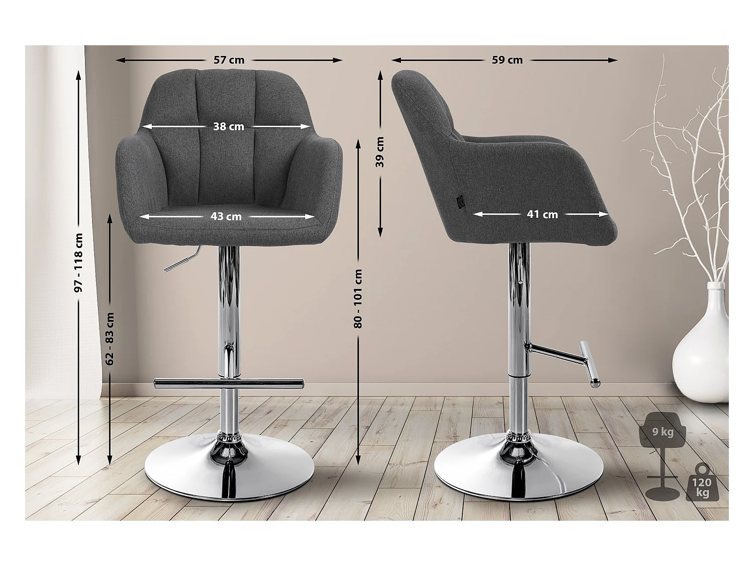 Tabouret de bar - Tissu - Gris foncé - Natoma