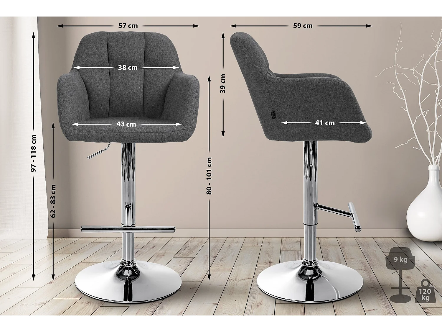Tabouret de bar - Tissu - Gris foncé - Natoma
