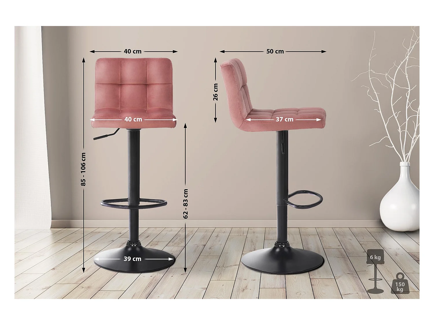 Lot de 4  Tabouret de bar - Velours - Rose - Feni