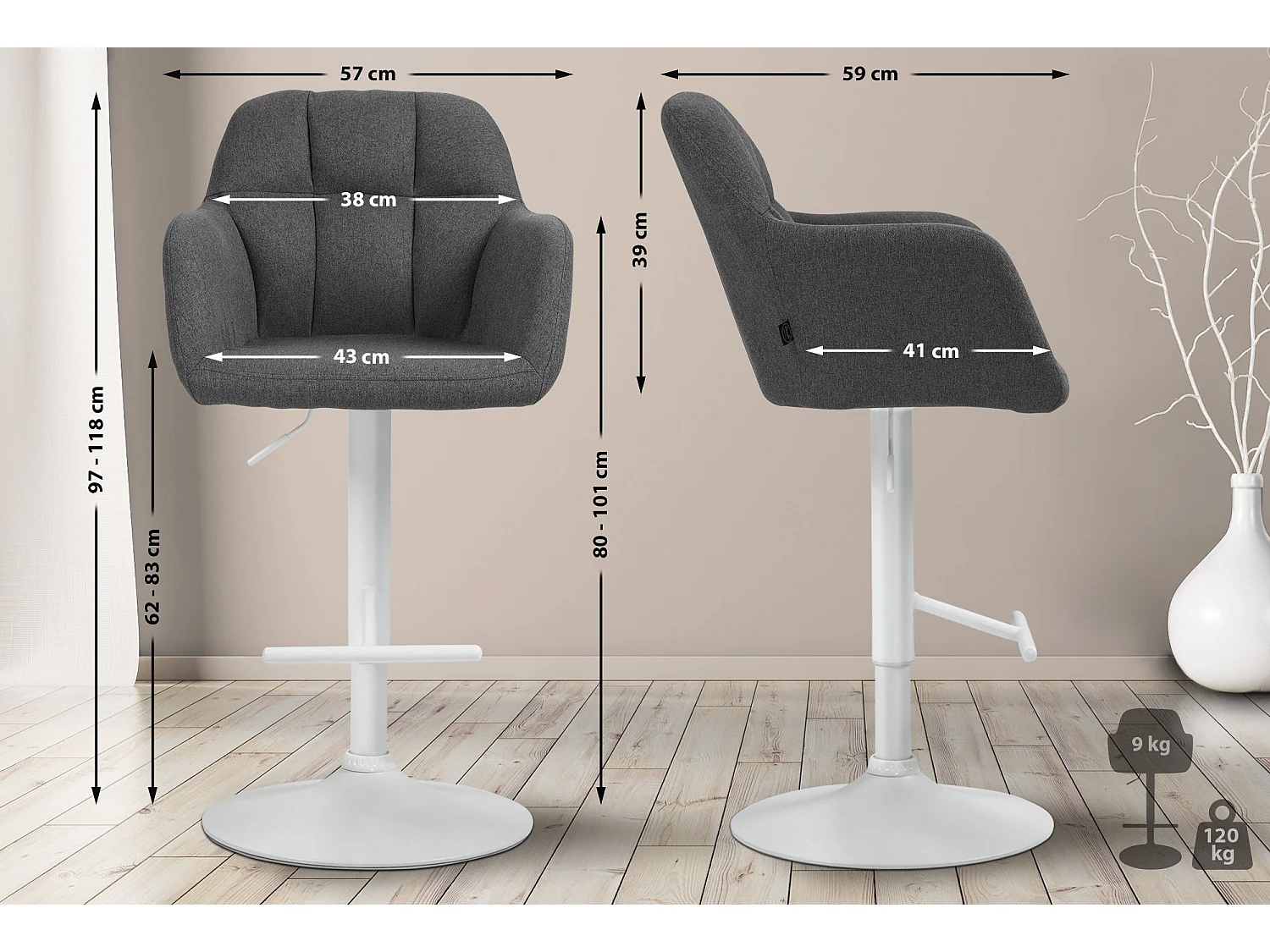 Tabouret de bar - Tissu - Gris foncé - Natoma