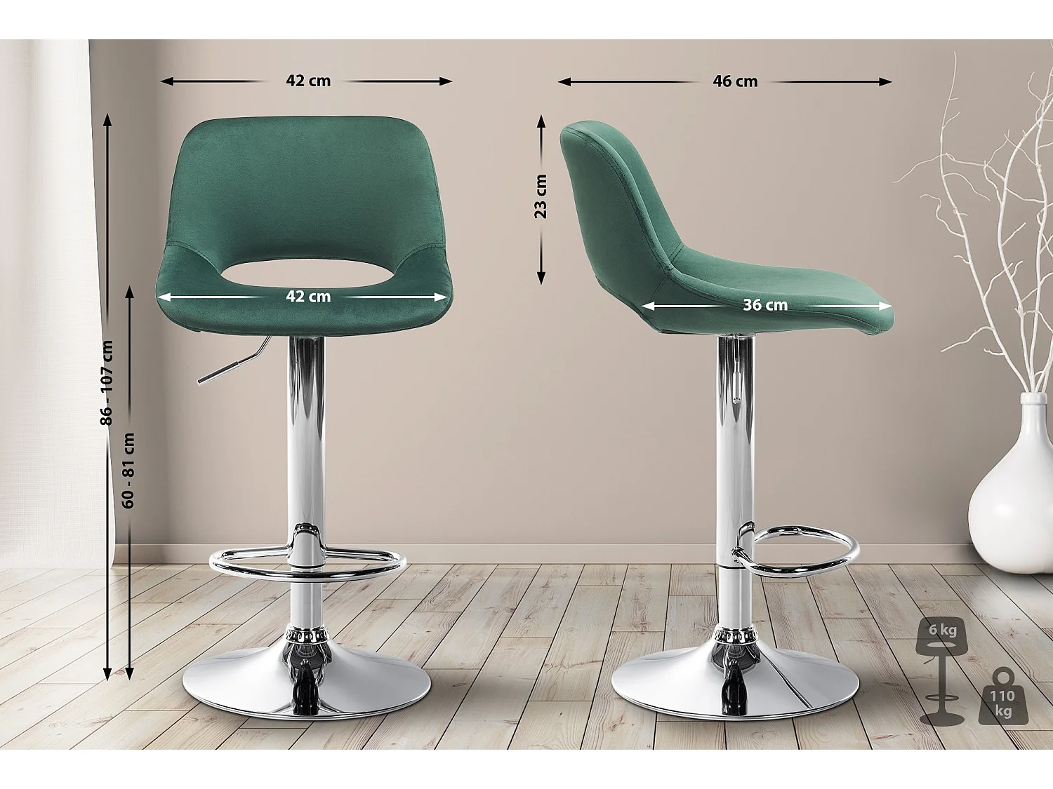 Lot de 2  Tabouret de bar - Velours - Vert - Camden