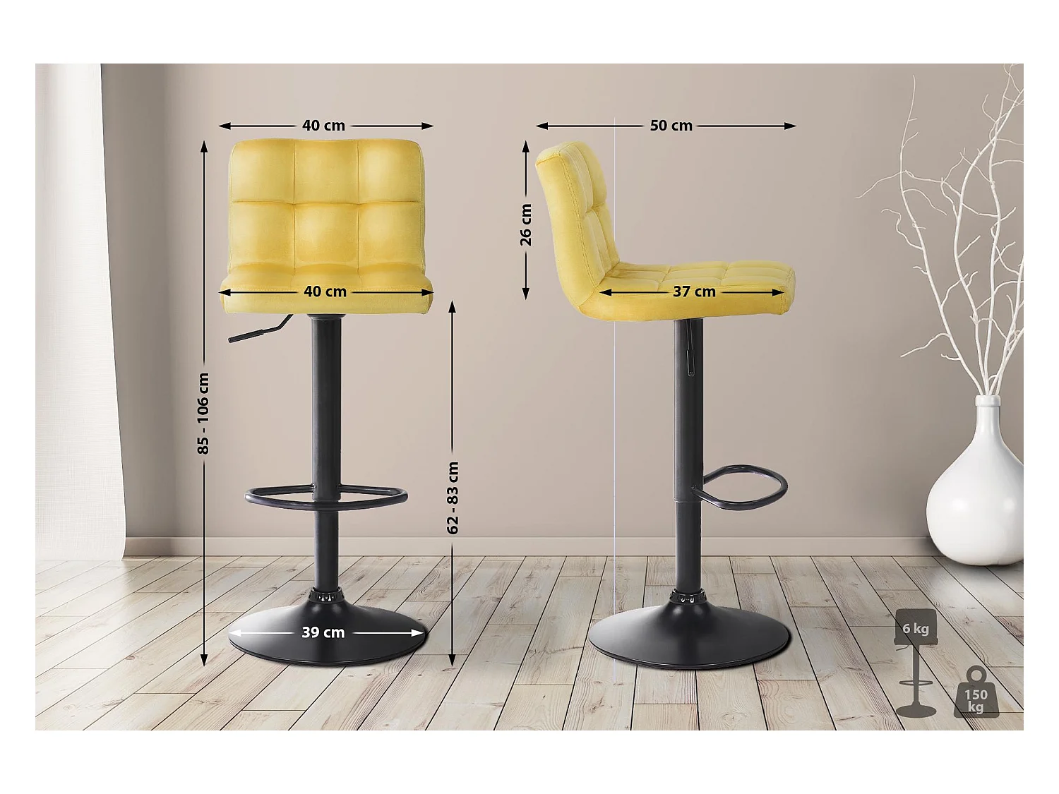 Lot de 4  Tabouret de bar - Velours - Jaune - Feni