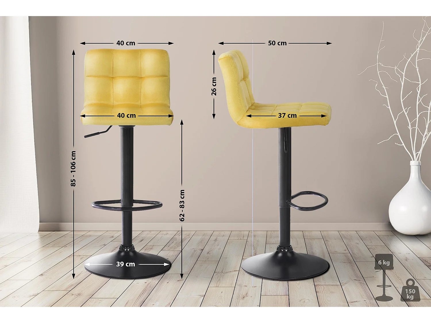 Lot de 4  Tabouret de bar - Velours - Jaune - Feni