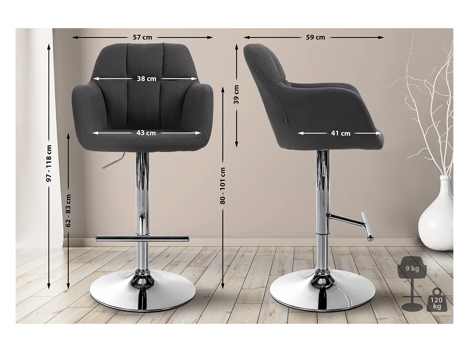 Tabouret de bar - Tissu - Noir - Natoma