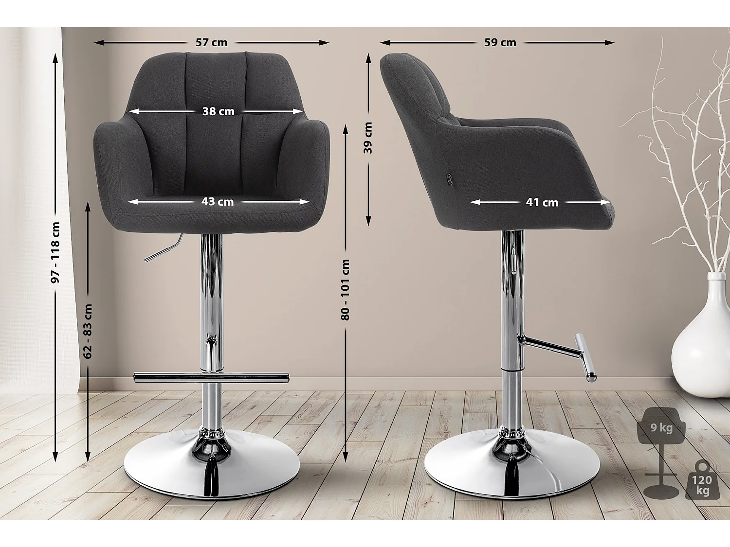 Tabouret de bar - Tissu - Noir - Natoma