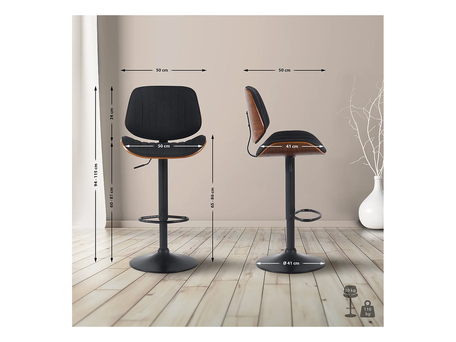 Tabouret de bar - Tissu & Noir - Noyer / Noir - Clawson