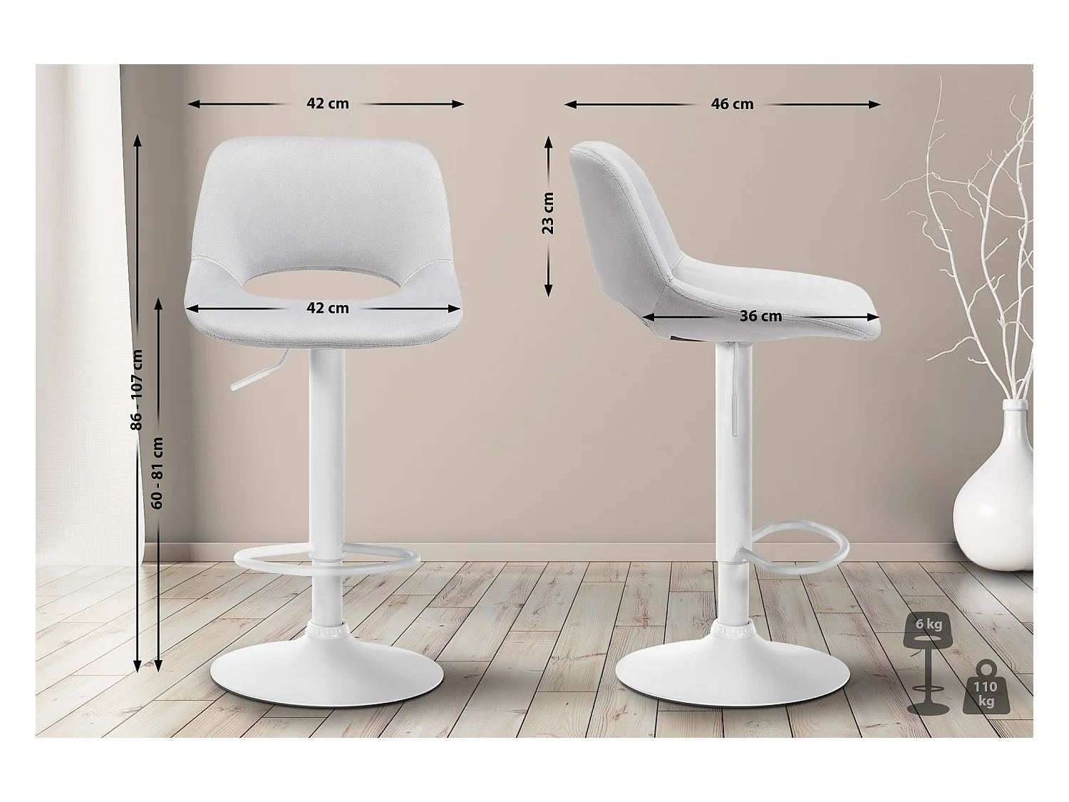 Lot de 2  Tabouret de bar - Velours - Gris clair - Camden