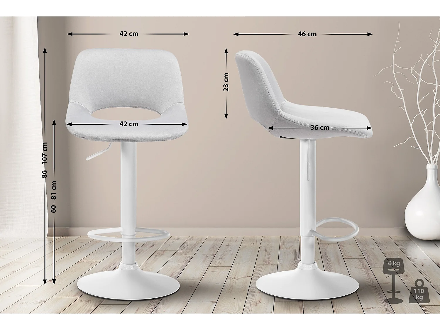 Lot de 2  Tabouret de bar - Velours - Gris clair - Camden
