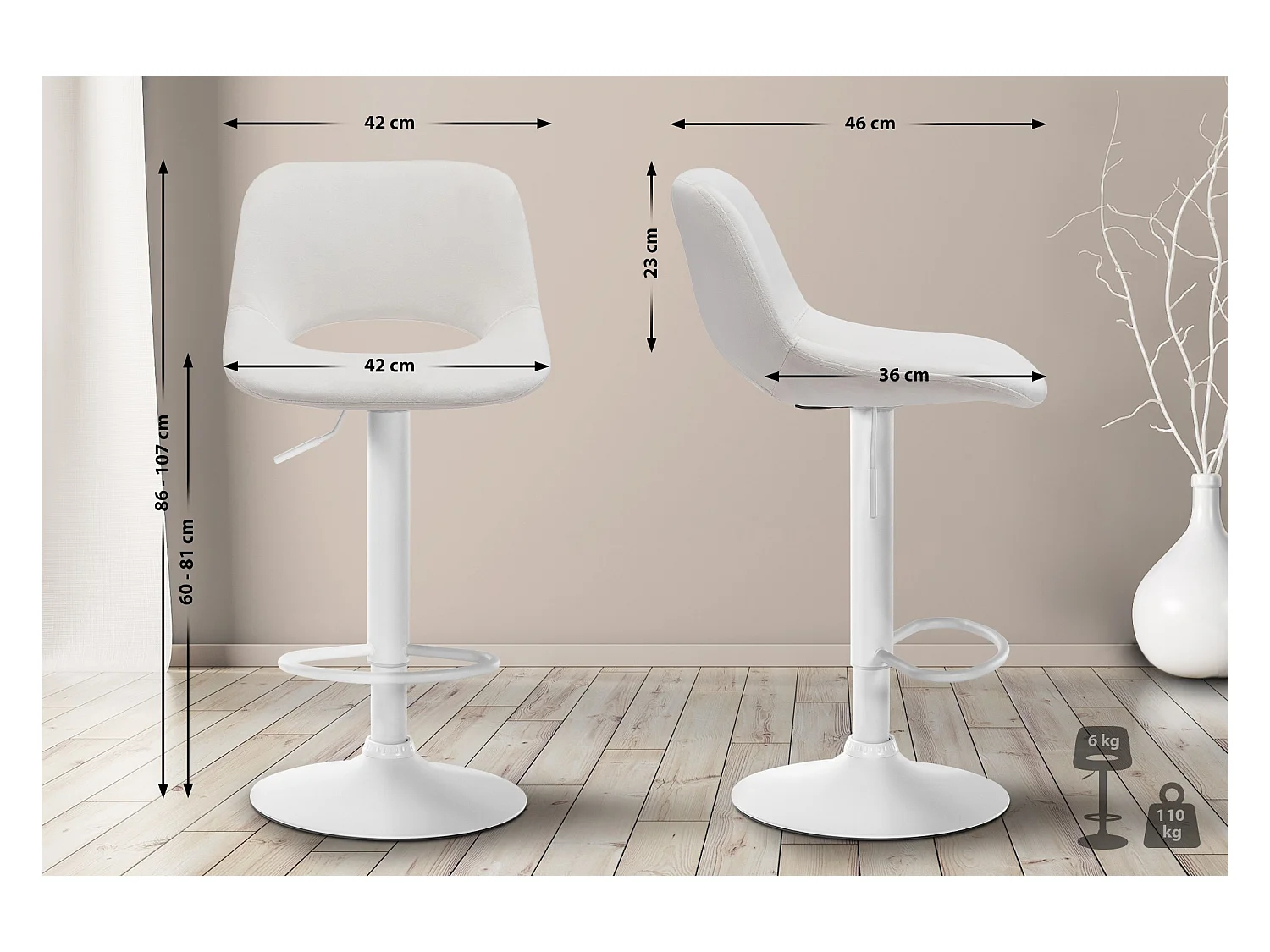 Lot de 2  Tabouret de bar - Velours - Crème - Camden