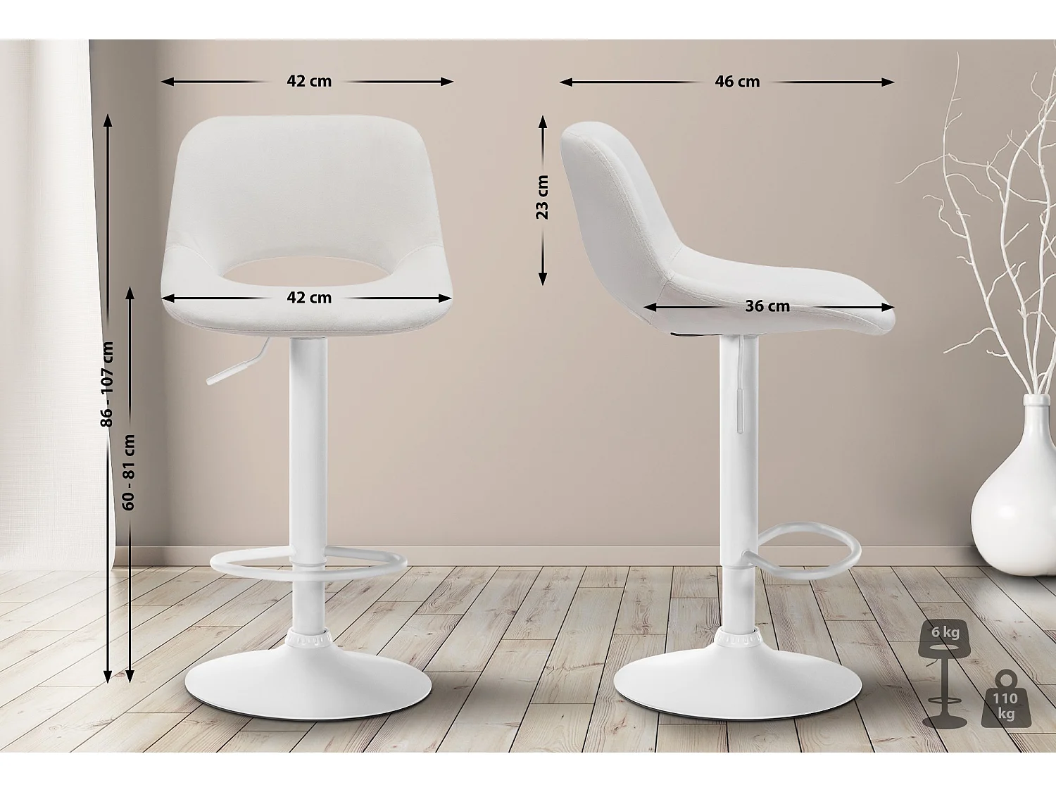 Lot de 2  Tabouret de bar - Velours - Crème - Camden