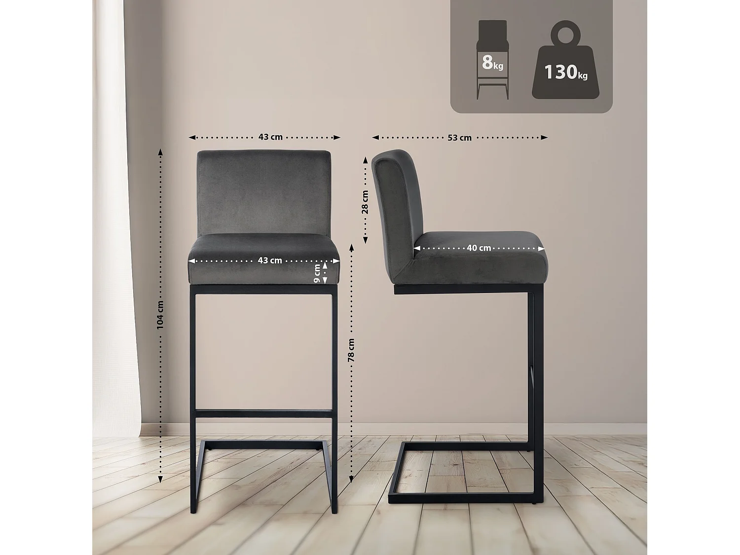 Tabouret de bar - Velours - Gris - Hopewell