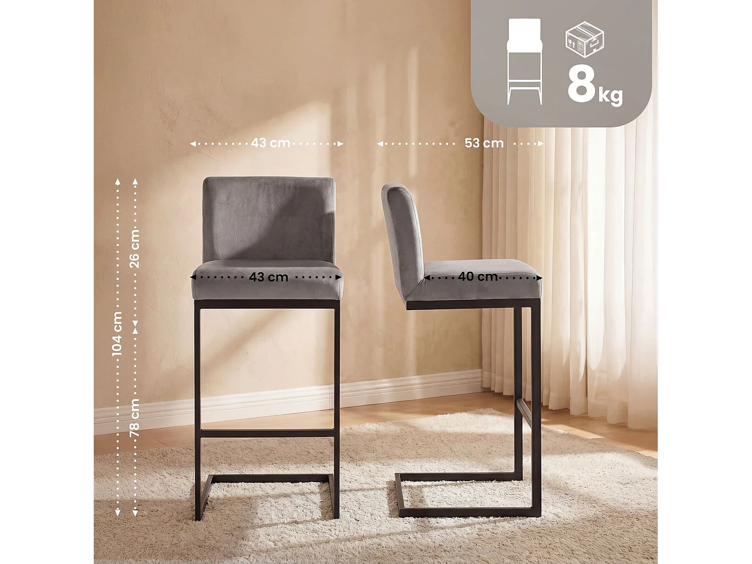 Tabouret de bar - Velours - Gris - Hopewell