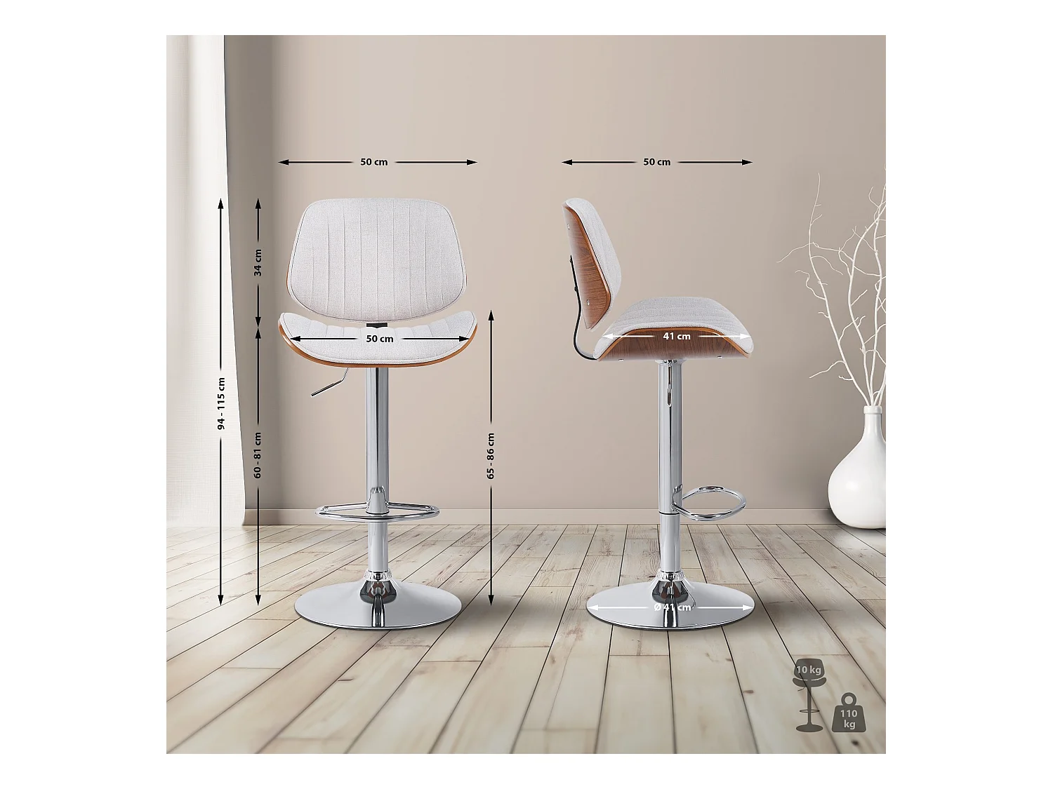 Tabouret de bar - Tissu & Chrome - Noyer / Crème - Clawson