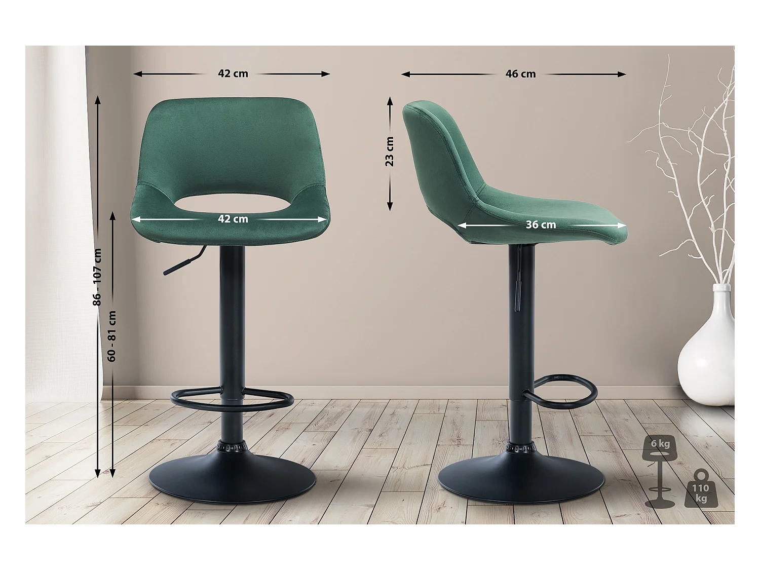 Lot de 2  Tabouret de bar - Velours - Vert - Camden