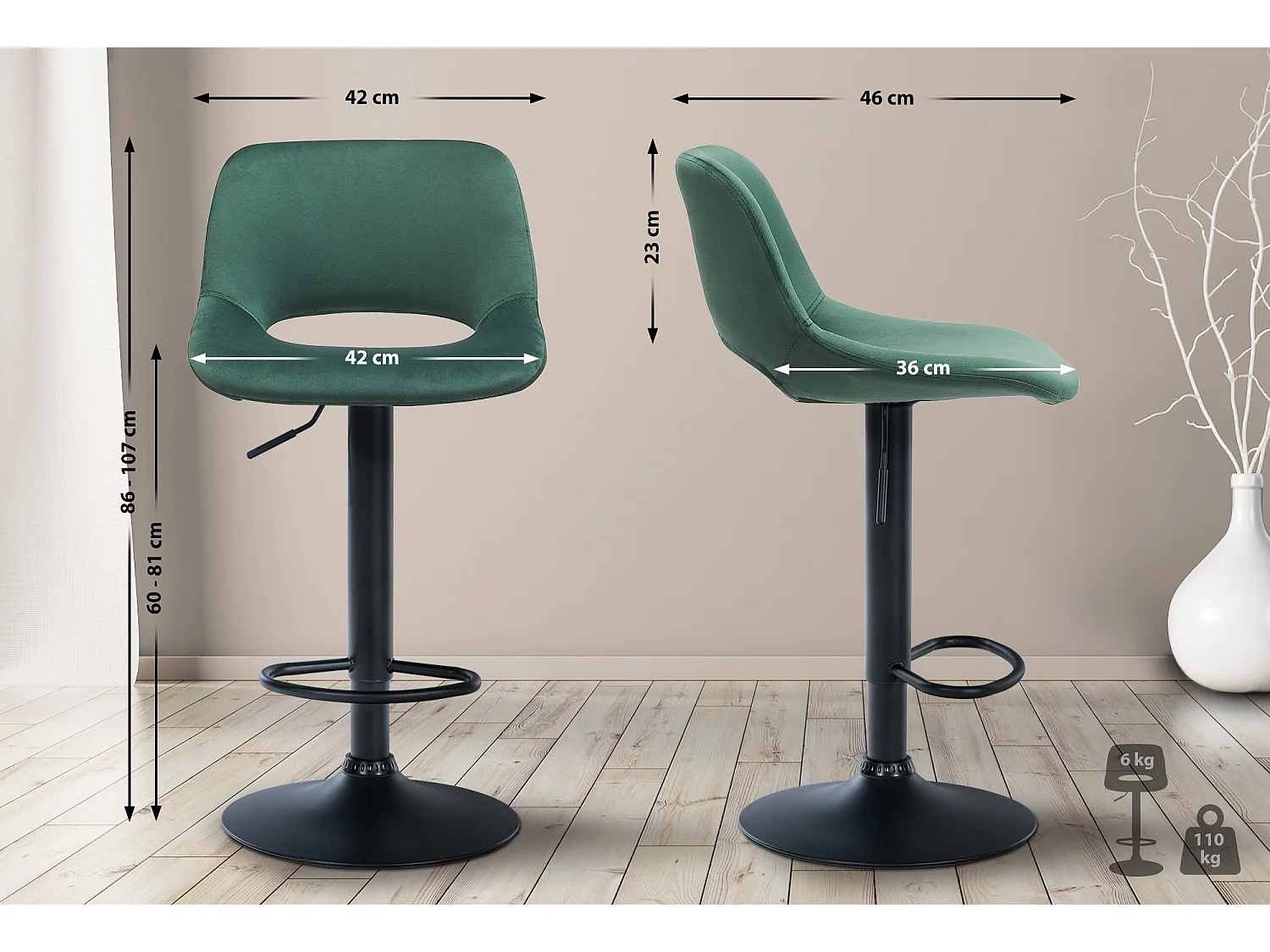 Lot de 2  Tabouret de bar - Velours - Vert - Camden